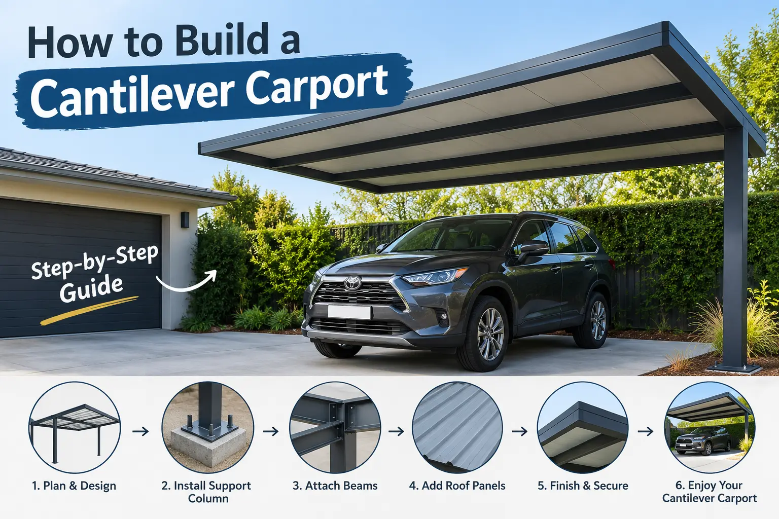 Modern cantilever carport with a steel support column and roof sheltering a car